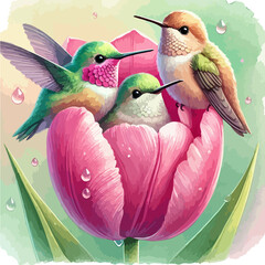 Hand drawn watercolor painting of three colorful hummingbirds nestled inside a blooming pink tulip with dewdrops. Vibrant vector illustration isolated on white background © Kristina