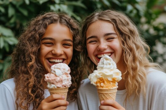 esbian couple enjoying ice cream and laughing outdoors