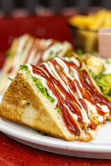 Restaurant food. Various dishes. Clubhouse, pizza, sushi. Traditional food