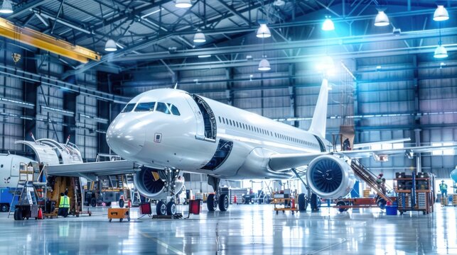 A cutting-edge industrial aerospace manufacturing hangar with engineers assembling composite materials for lightweight aircraft components, Aerospace manufacturing hangar scene