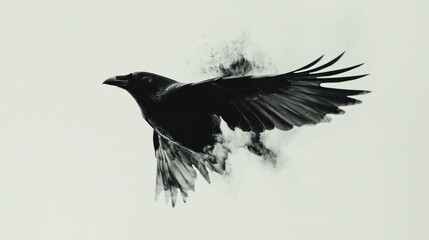 A black crow in flight, with smoke-like artistic effects around its wings.