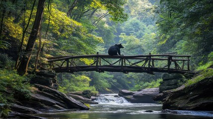 Black bear sits on a rustic wooden bridge over a tranquil mountain stream in a lush green forest.