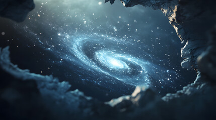 Obraz premium A serene galaxy breaking through the surface of a torn canvas its spiral arms extending with glowing stardust into the surroundings.