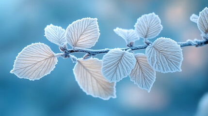 Obraz premium Frost-covered leaves glistening in winter light on a cold morning