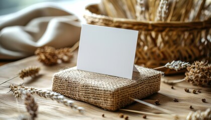A white card is sitting on a wooden surface with a basket of wheat nearby