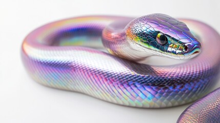 Close-up of iridescent snake with vibrant, multicolored scales on a white background.
