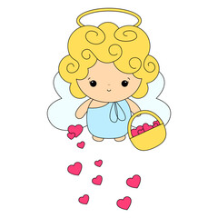 Cartoon angel child with wings and nimbus. Cherub or Cupid Vector illustration. Valentines day angels with hearts