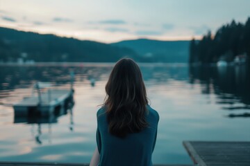 rear view of a woman sitting on wooden dock facing a tranquil lake surrounded by hills in twilight calm concept of mindfulness therapy mental wellbeing