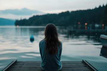 Fototapeta premium back view of a woman in a sweater gazing across a tranquil lake at dusk with hills copyspace concept of mindfulness lifestyle emotional reflection