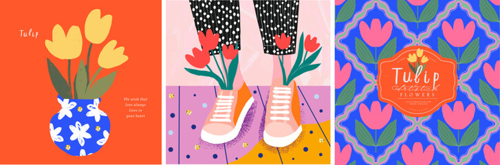 Tulip flowers. Stylish vector tulip flower and bouquet illustrations with vibrant colors, modern seamless pattern, and playful design. Perfect for spring-themed poster, card, and decorative background