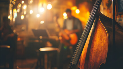 A small jazz bar with a live band playing under moody soft lighting and vintage decor.