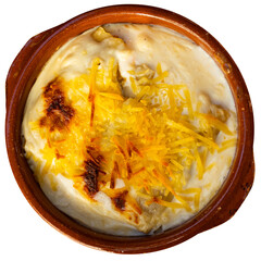 Appetizing baked stuffed meat cannelloni with cheese served on plate. Isolated over white background