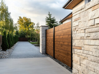 Fototapeta premium Charming Wooden Fence with Sleek Black Metal Accents and Gate, Elegantly Framed by Sturdy Stone Pillars for a Secure Enclosure.