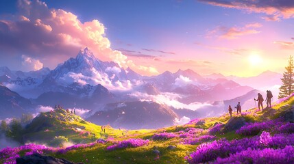 Obraz premium Hikers enjoying a scenic sunset view atop a mountain range covered in purple flowers.