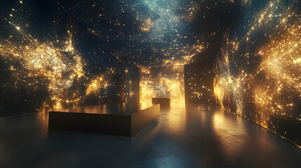 A surreal scene of constellations materializing through a canvas their glowing forms casting shadows across the room.