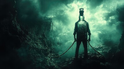 Fototapeta premium Silhouette of a person standing before a giant bottle in a foggy urban alley, symbolizing alcohol addiction, AI generated