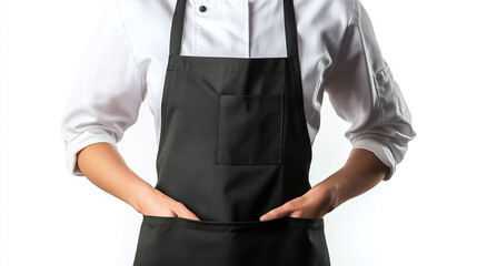 Black apron object isolated on white background. restaurant kitchen chef uniform clothes, waiter service job employee staff wearing, professional occupation apparel.