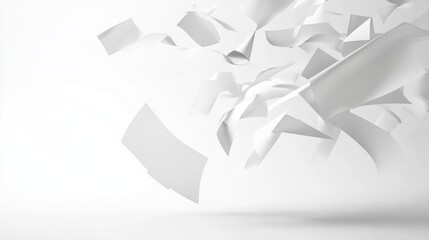 Abstract 3D white geometric shapes in motion.