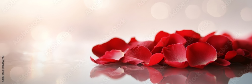Aufkleber scattered red rose petals on a reflective surface create a romantic scene with soft, warm lighting a