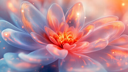 Luminous peony with glowing petals in a mystical garden setting during twilight hours. Big glowing holographic peon flower petals in magical hues, peony flower sparkling glow, pastel colors