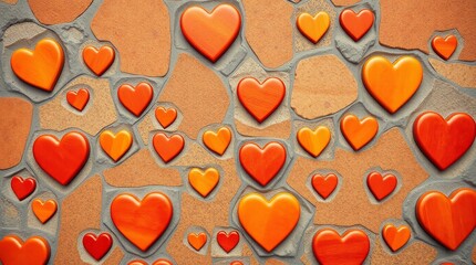 Obraz premium warm toned hearts pattern combined with stone texture, professional aesthetic, red orange and yellow color palette