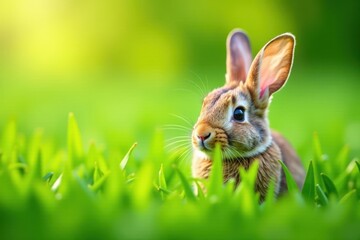 Obraz premium Adorable bunny peeking out from tall blades of grass with perked up ears, cuteness, bunny