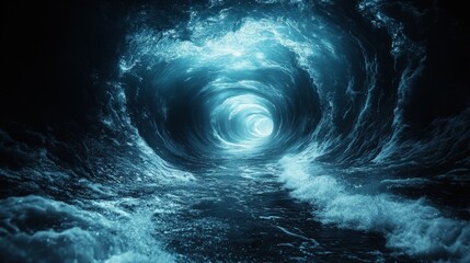 A deep blue ocean with a large wave and a tunnel in the middle