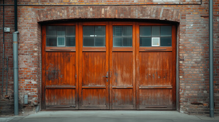Fototapeta premium A stylish brick wall surrounds the garage, with a large brown wooden door adorned with glass panes.