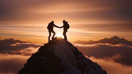 Two hikers silhouetted atop a snowy mountain peak at sunset, holding hands.