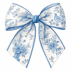 watercolor Coquette bow with Blue Toile Bouje Chinoiserie print, isolated on a white background