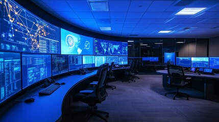 A cutting-edge industrial cybersecurity operations center with analysts monitoring network traffic and defending against cyber threats targeting manufacturing facilities