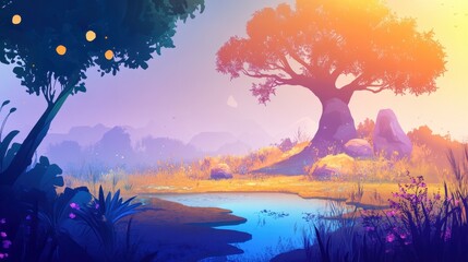 Naklejka premium Serene Landscape Featuring a Pond and Majestic Trees