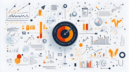Obraz premium A complex visualization of data analysis, featuring various charts, graphs, and icons representing statistical information and business intelligence