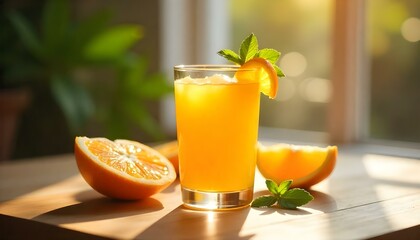 Fototapeta premium glass of orange juice on wooden table, A glass of fresh orange juice on a wooden table, with slices of orange and a small sprig of mint beside it, sunlight streaming in from a nearby window 