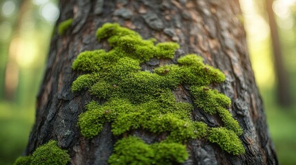 Lush green moss covering a dark tree trunk