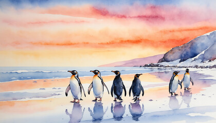 Penguins walk along the shore in Antarctica as the sunset paints the sky in vibrant hues of orange and purple