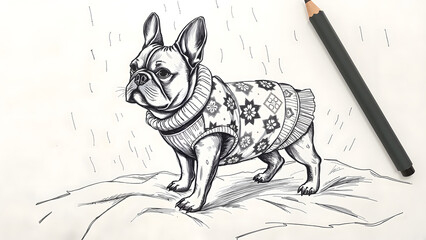 French bulldog wearing patterned sweater in black and white sketch style