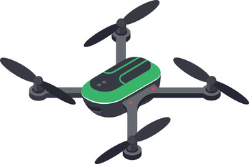 Modern quadcopter drone with green and black body hovering in the air with its four propellers spinning, representing aerial photography, surveillance, delivery, or recreational flying