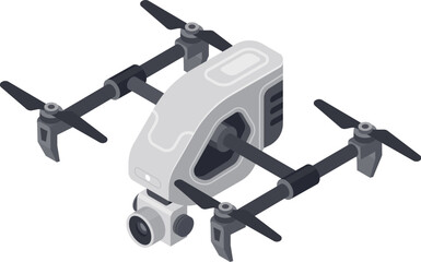 Professional camera drone hovering, showing camera and propellers, with modern and futuristic design, isometric view, perfect for aerial photography and videography