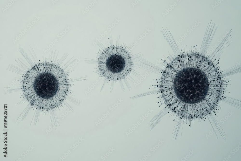Poster Graphical representation of minimalistic virus design showcasing three distinct formations in black and white colors. Generative AI