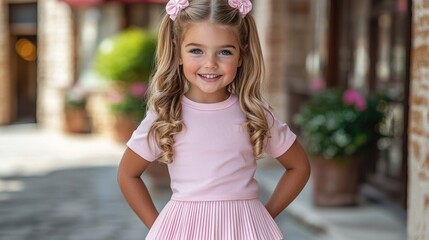 Chic Kids’ Fashion Comes Alive — Young Girl in White Sneakers, Pink Skirt & Trendy Tee Posing Confidently on a High-End Street