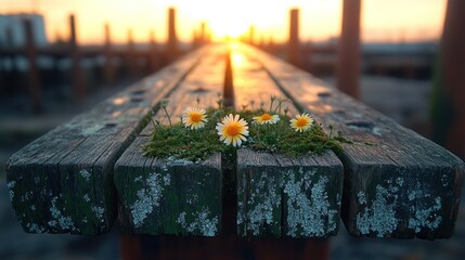 Wildflowers growing on weathered wooden bench at sunset