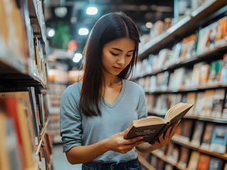 Asian woman in a casual t-shirt looking for new books