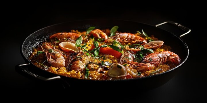 Large pan of a sea fodd paella in an elegant dining setting