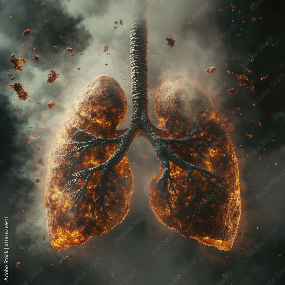 Poster realistic lungs engulfed in smog and dust particles illustrate impact of pollution on respiratory he