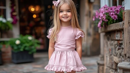 Chic Kids’ Fashion Comes Alive — Young Girl in White Sneakers, Pink Skirt & Trendy Tee Posing Confidently on a High-End Street