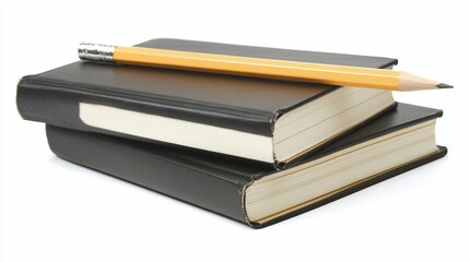 Two black notebooks and yellow pencil.