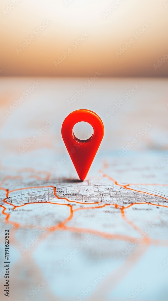 Aufkleber Red push pin marking a specific location on a blurred paper map suggesting navigation, travel and exploration, with a blurry background and warm lighting creating a sense of adventure and discovery