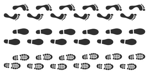 Shoe and foot prints set. Black feet, boots and sneakers footprints silhouettes. Human steps traces. Vector illustration isolated on white background.