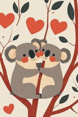 Fototapeta premium Two cute koalas embrace on a tree with red hearts in the background, showcasing love and affection in a whimsical, colorful style.